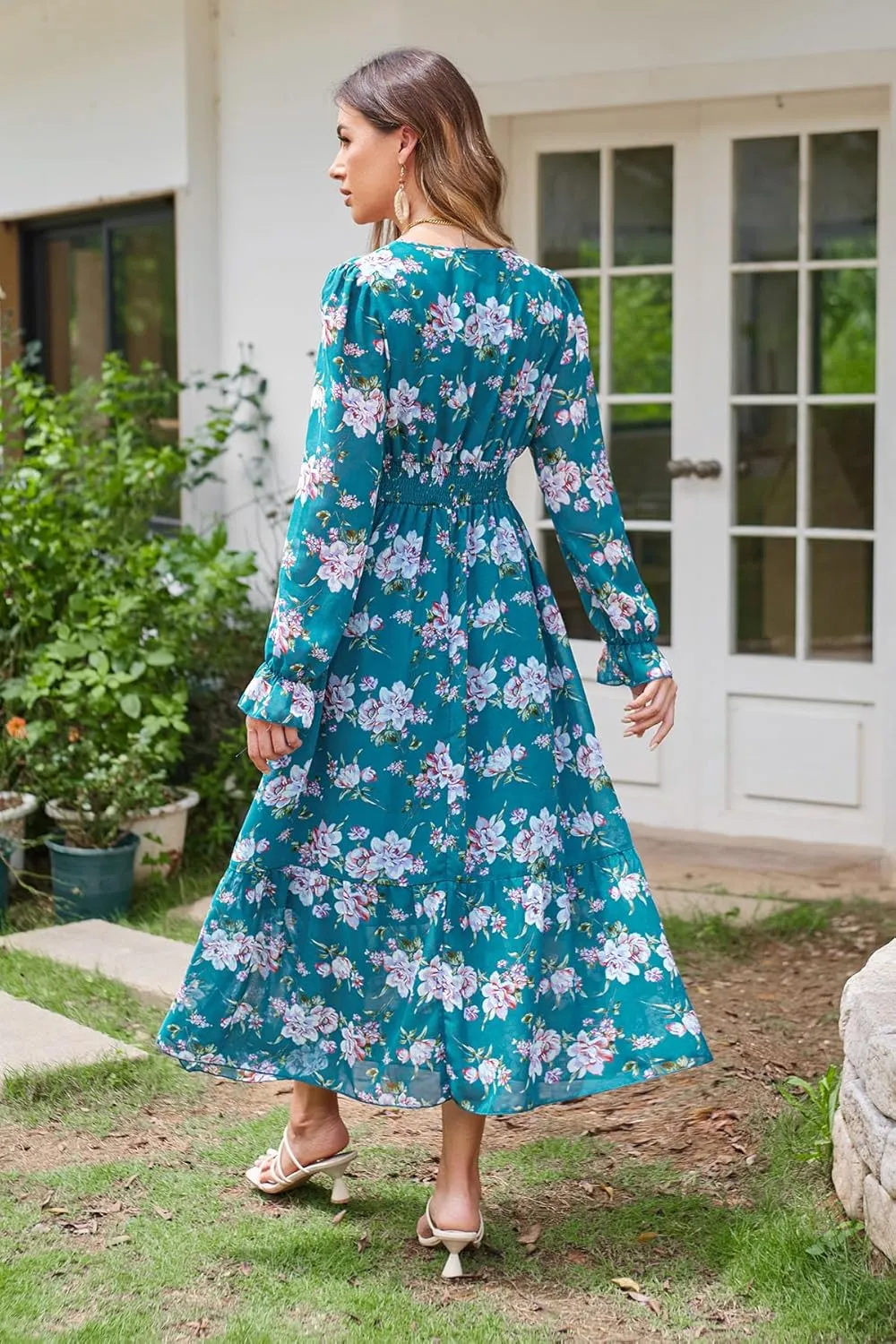 Women's Spring Wrap Maxi Dress Floral V Neck Long Sleeve Wedding Guest Party Casual Chiffon Dress