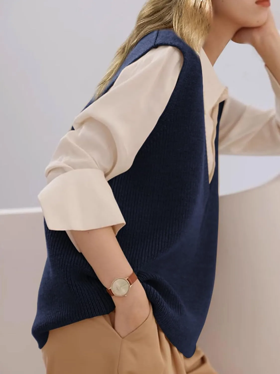 Wowcarbazole Womens Sweater Vest Casual V Neck Solid Ribbed Knit Pullover Vests Fall Sleeveless Sweaters Tops