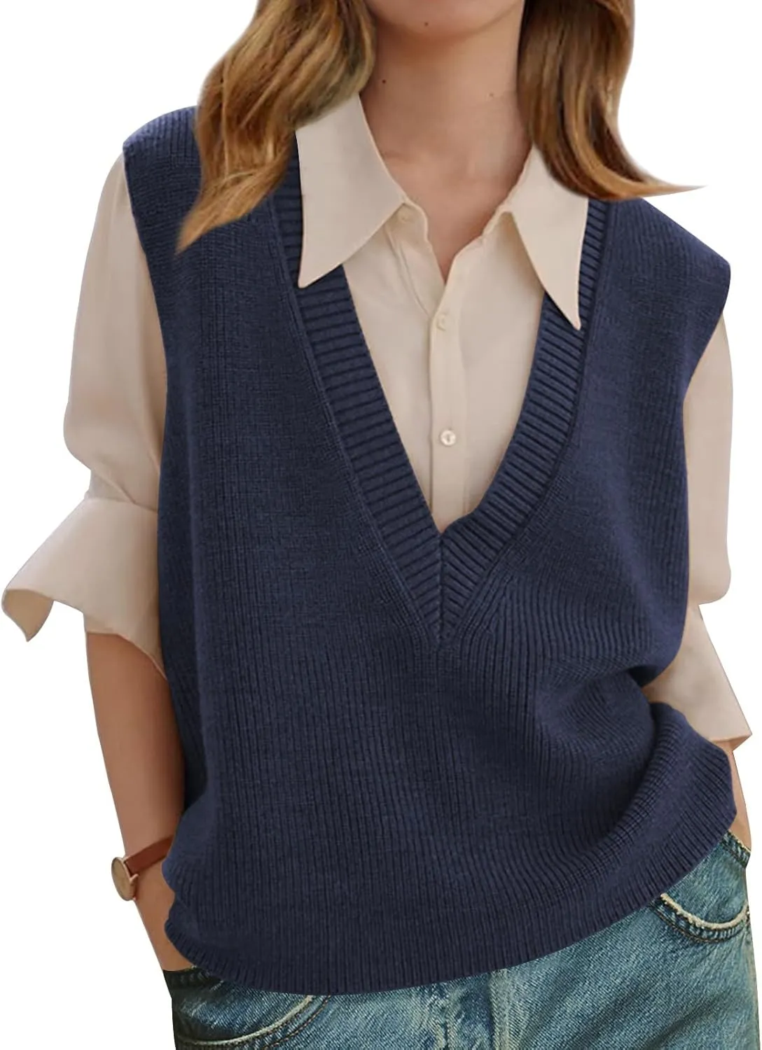 Wowcarbazole Womens Sweater Vest Casual V Neck Solid Ribbed Knit Pullover Vests Fall Sleeveless Sweaters Tops