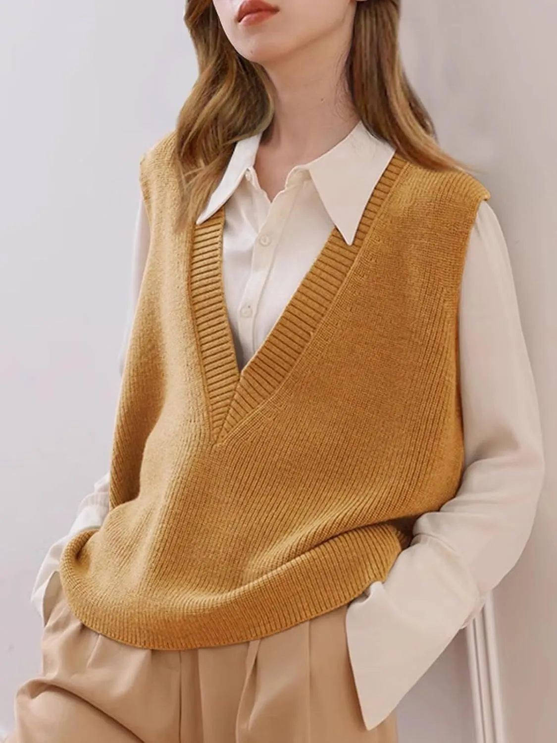 Wowcarbazole Womens Sweater Vest Casual V Neck Solid Ribbed Knit Pullover Vests Fall Sleeveless Sweaters Tops