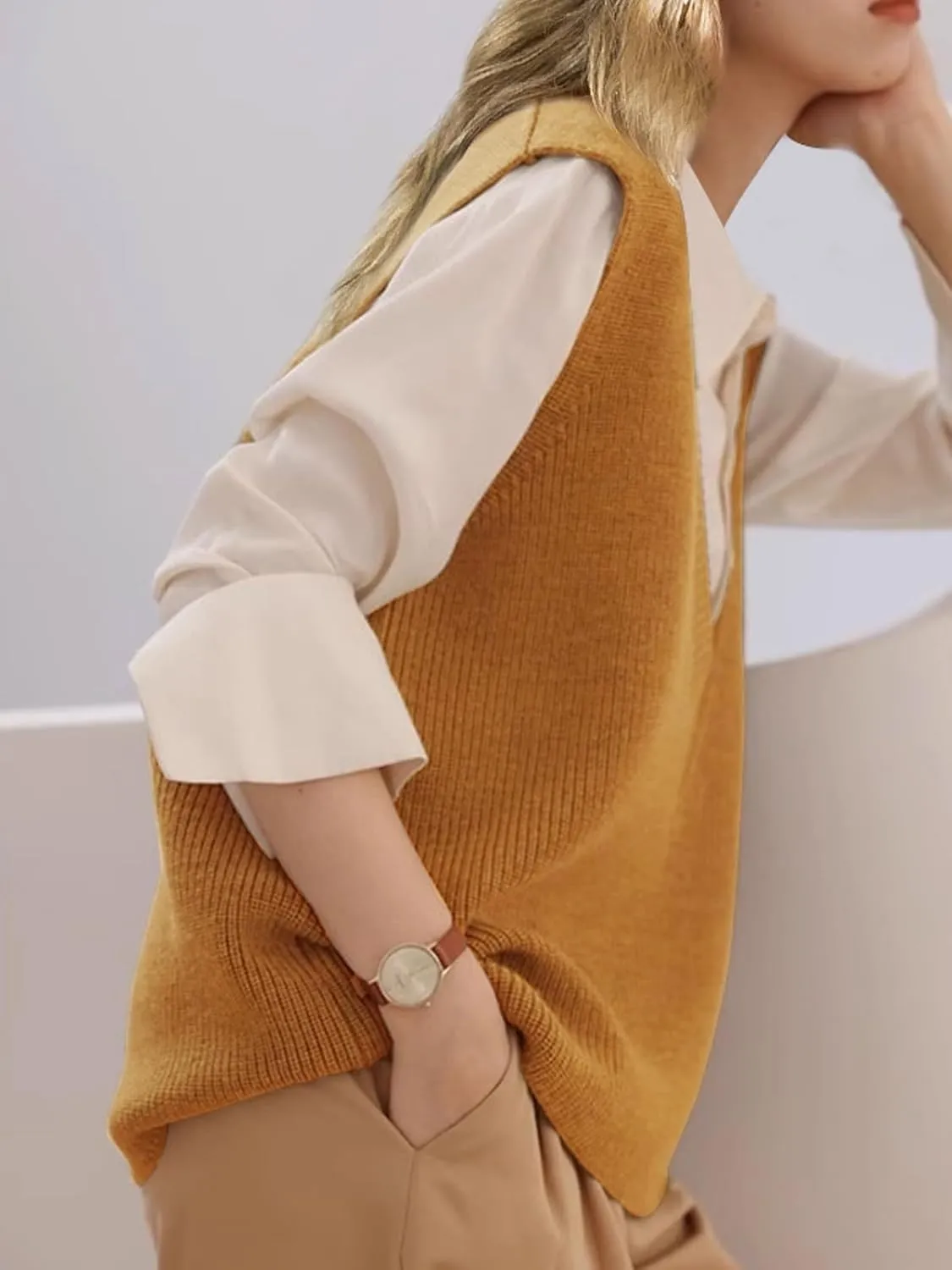 Wowcarbazole Womens Sweater Vest Casual V Neck Solid Ribbed Knit Pullover Vests Fall Sleeveless Sweaters Tops