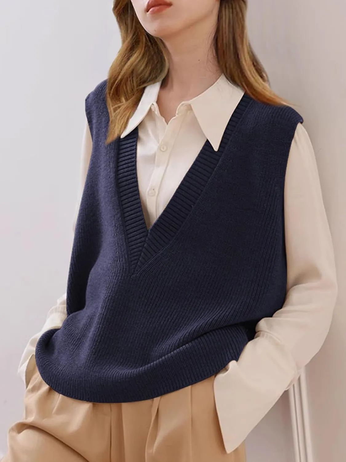 Wowcarbazole Womens Sweater Vest Casual V Neck Solid Ribbed Knit Pullover Vests Fall Sleeveless Sweaters Tops