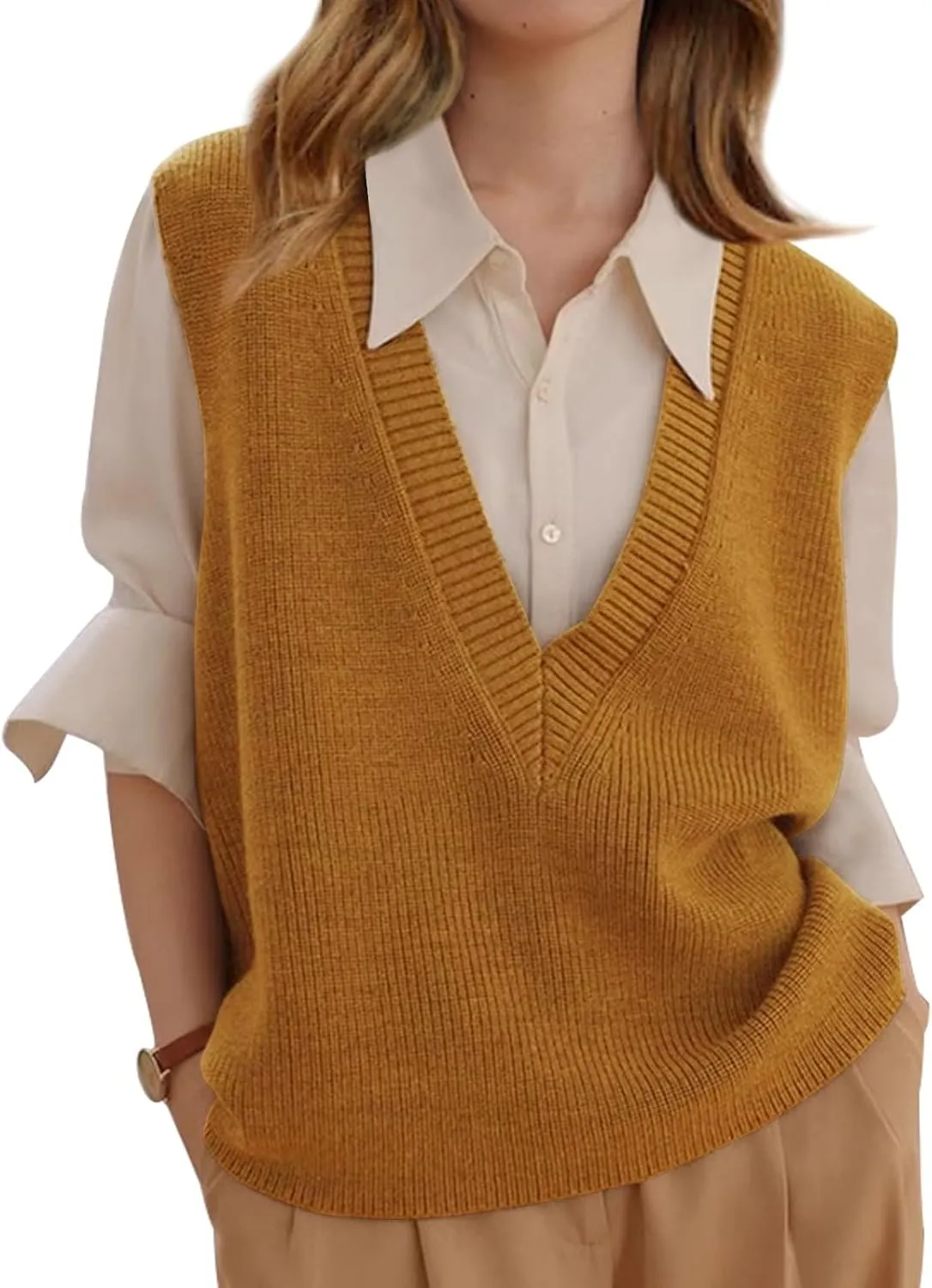 Wowcarbazole Womens Sweater Vest Casual V Neck Solid Ribbed Knit Pullover Vests Fall Sleeveless Sweaters Tops