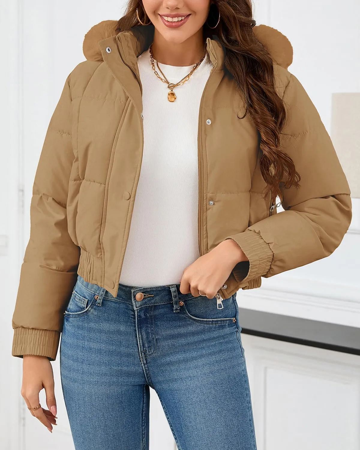 Xixiuly Women's Cropped Puffer Jacket Faux Fur Hooded Winter Warm Padded Coat Stand Collar Quilted Down Coats with Zip Pocket