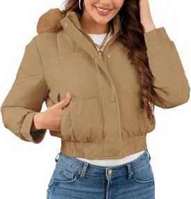 Xixiuly Women's Cropped Puffer Jacket Faux Fur Hooded Winter Warm Padded Coat Stand Collar Quilted Down Coats with Zip Pocket