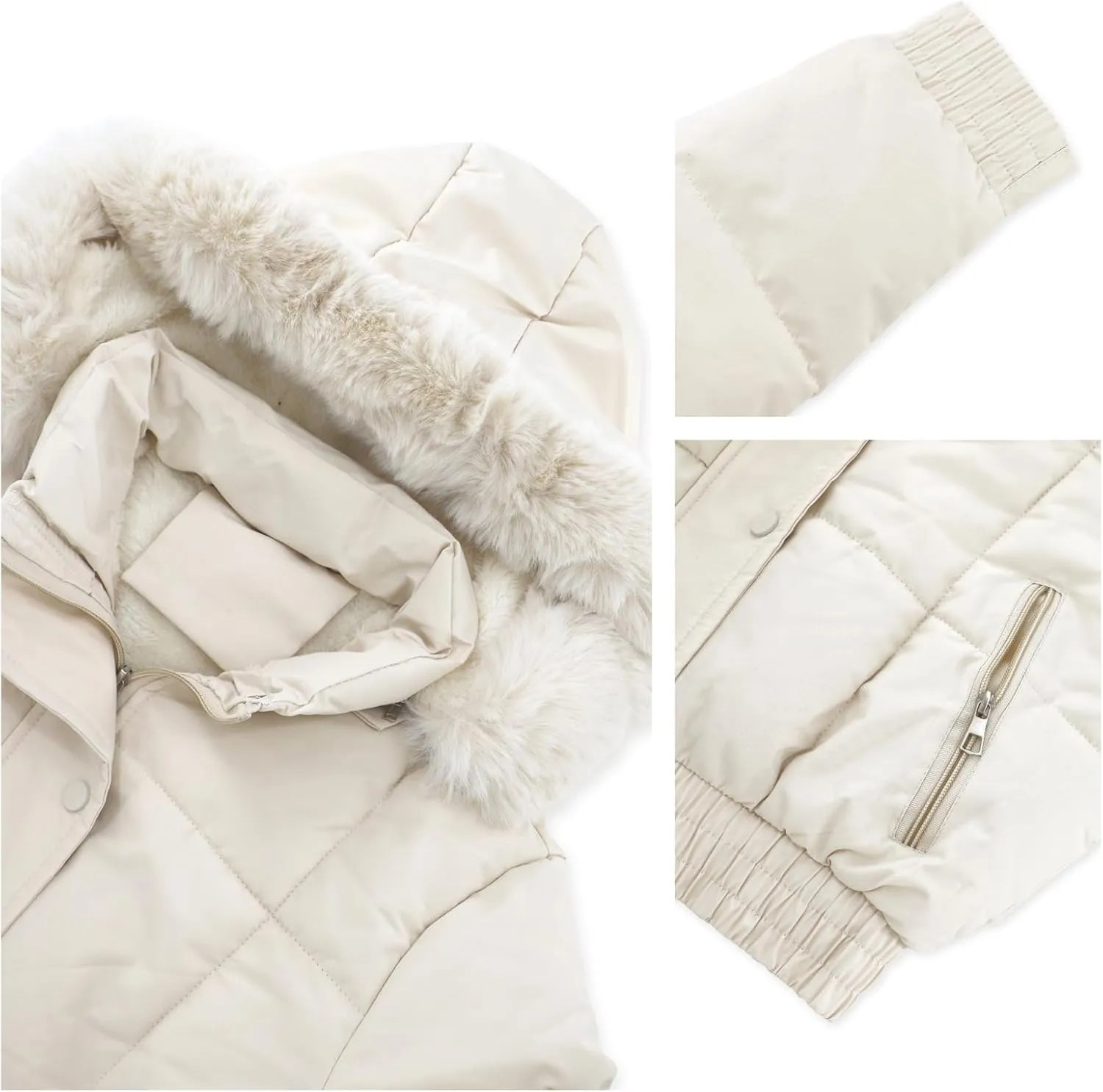 Xixiuly Women's Cropped Puffer Jacket Faux Fur Hooded Winter Warm Padded Coat Stand Collar Quilted Down Coats with Zip Pocket