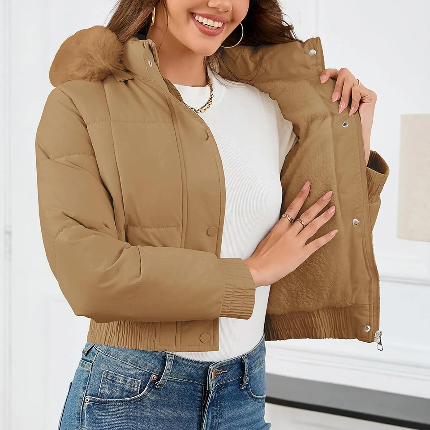 Xixiuly Women's Cropped Puffer Jacket Faux Fur Hooded Winter Warm Padded Coat Stand Collar Quilted Down Coats with Zip Pocket