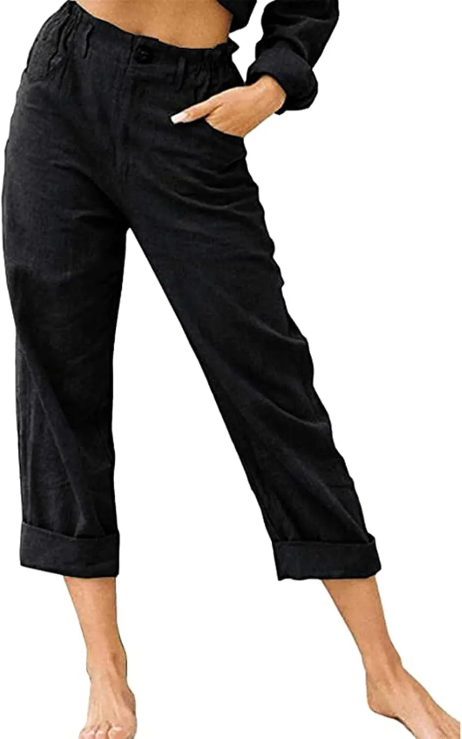 XUNRYAN Capri Pants Women Casual Summer Elastic High Waist Linen Pants Loose Wide Leg Cargo Pants Crop Trouser with Pockets