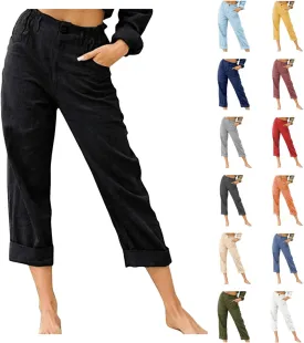 XUNRYAN Capri Pants Women Casual Summer Elastic High Waist Linen Pants Loose Wide Leg Cargo Pants Crop Trouser with Pockets
