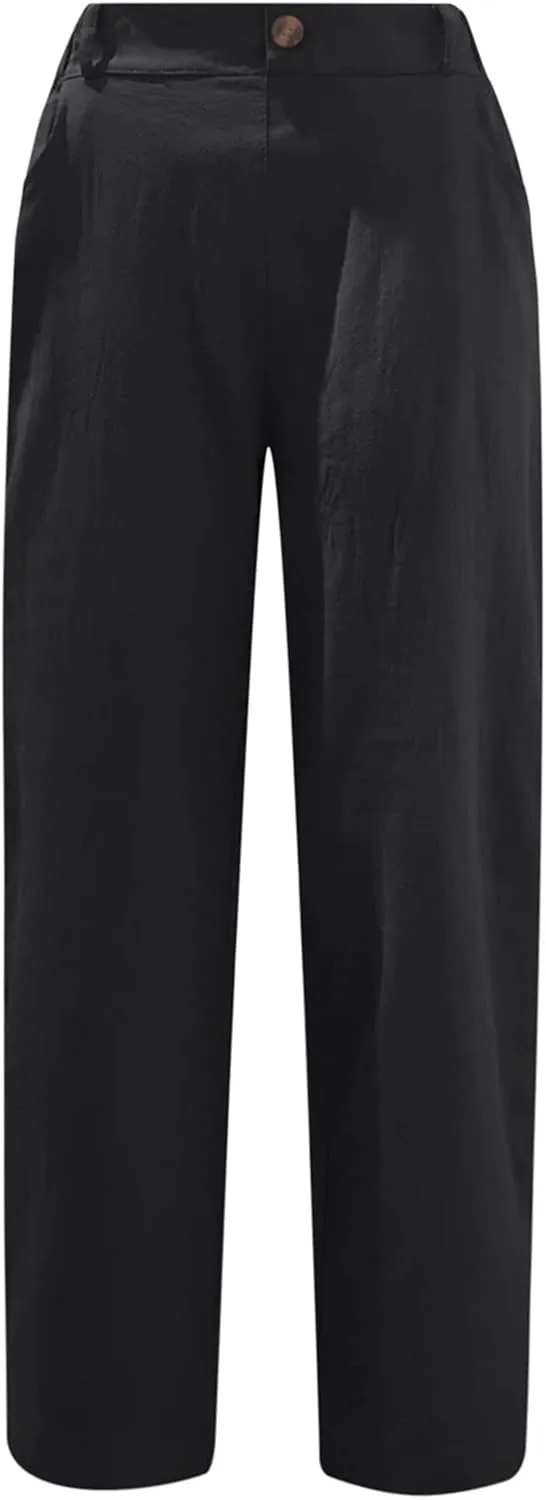 XUNRYAN Capri Pants Women Casual Summer Elastic High Waist Linen Pants Loose Wide Leg Cargo Pants Crop Trouser with Pockets