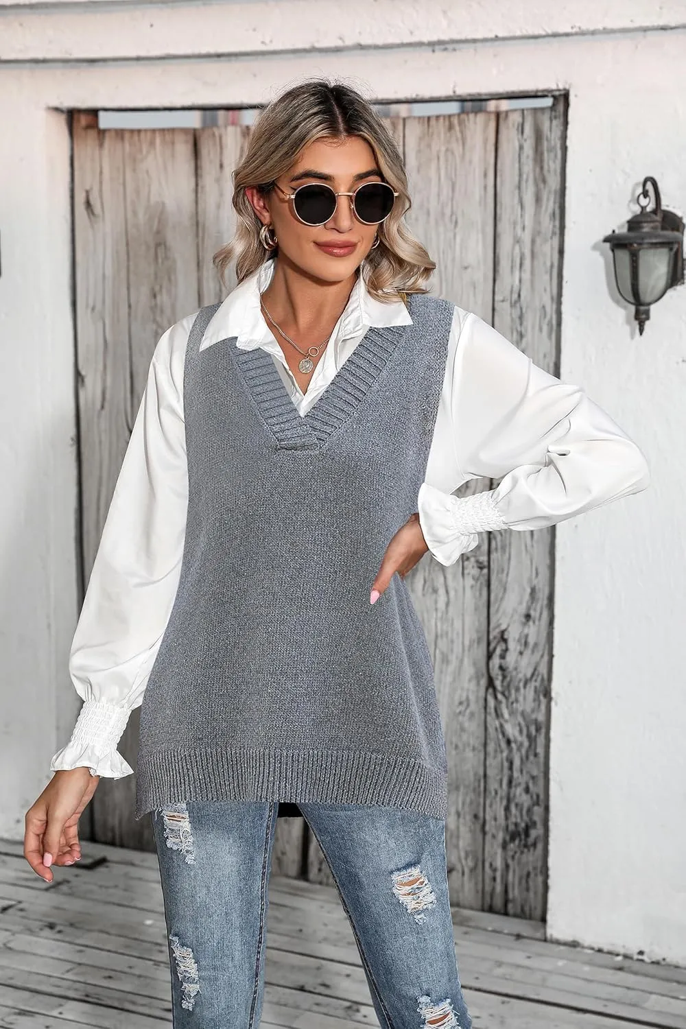 Zeagoo Sweater Vest Women Sleeveless V Neck Oversized Pullover Knitted Tops 2024 Fall Outfits