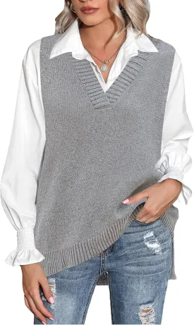 Zeagoo Sweater Vest Women Sleeveless V Neck Oversized Pullover Knitted Tops 2024 Fall Outfits