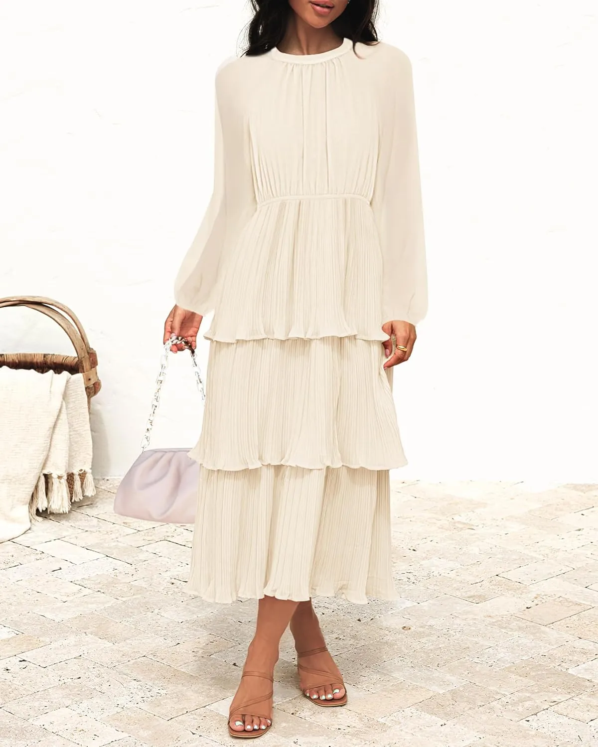 ZESICA Women's 2025 Long Sleeve Crew Neck Ruffle Tiered Layered Chiffon Flowy Swing Long Midi Dress