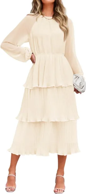 ZESICA Women's 2025 Long Sleeve Crew Neck Ruffle Tiered Layered Chiffon Flowy Swing Long Midi Dress