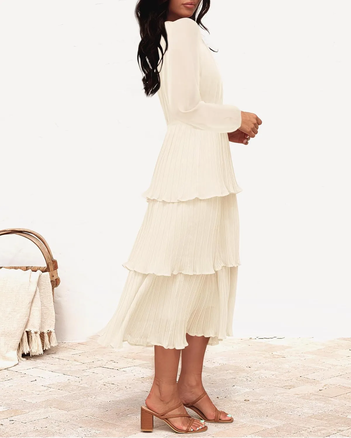 ZESICA Women's 2025 Long Sleeve Crew Neck Ruffle Tiered Layered Chiffon Flowy Swing Long Midi Dress